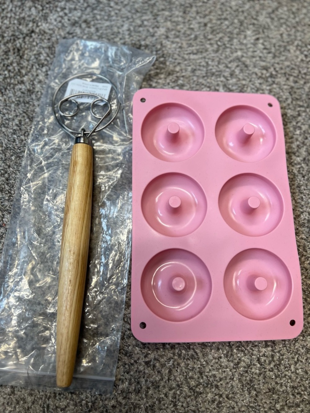 Pink Silicone 6-Cavity Donut Mold with Wooden dough whisk